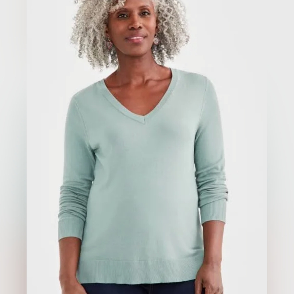 White and Warren pale green sweater, v neck, 100 % cotton, sz L Like New